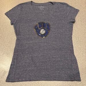 Soft as a Grape Milwaukee Brewers Women’s Sequin Logo V-Neck T-Shirt – Size L